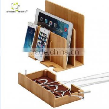 Bamboo Multi Device Cord Organizer Stand and Charging Station for Phone and Tablets