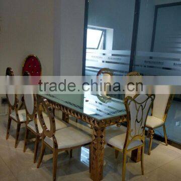 Good Quality Large Size Rose Gold Glass Top Metal Frame Dining Table