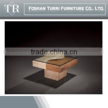Antique Square Travertine Top End Table With Glass Top