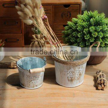 Galvanized Garden metal buckets pots with jute rope handle