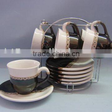 Double glazed tea cup and saucer sets with rack