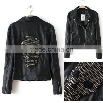 2014 New Autumn Winter Women Motorcycle Pu Leather Black Jackets Sequin Skull Blazer Coats Long Sleeve Drop Shipping