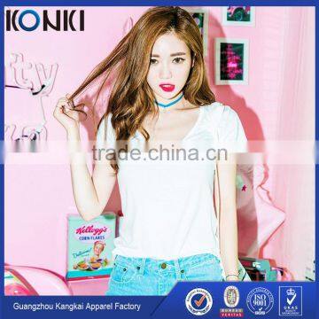 Lady's v Neck Curved Hem Cotton Tee Shirt Blue Color Customized Bulk Wholesale Printing Tee Shirt photo-3