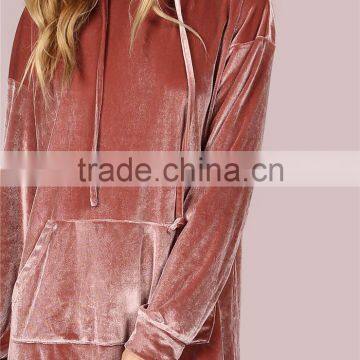 MGOO Oversized Women Longline Pollover With Side Pockets Shiny Drawstring Velvet Hoodie Dress Pink photo-5