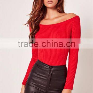 Red Opening Soulder Raglan Sleeve Bodysuit Cotton Blends Long Sleeve Sexy Plain Sweater photo-2