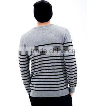 Navy Stripes Crew Neck Cotton Long Sleeve Men Pullover Sweater With Chest Pocket photo-2