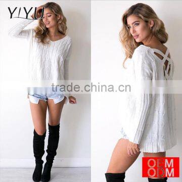 Autumn Criss Cross Top Backless Knitted Sweater Women 2017 Spring Oversized Knitwear Loose Jumpers White Pullover photo-3
