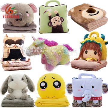 Custom Cute 2 in 1 Bear Elephant Bunny Emoji Unicorn Doll Blanket Toy Soft Animal Head Plush Baby Pillow Blanket