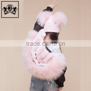 New Style Crochet Beanie Pink Real Fur Pompom Knitted Hat Kids