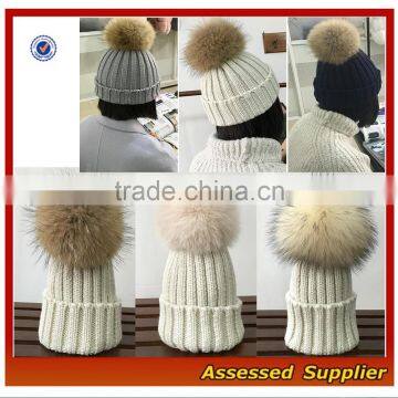 High Quality Custom Women Fashion Real Raccoon Fur Hat With Pom Poms Winter Knitted Hat Beanie Cap--ZP002