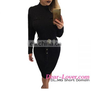 Sexy Ladies Black High Neck Rib Knitted Sweater Midi Dress with Belt