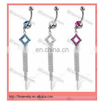 Belly button ring with dangling jeweled square and chains navel ring in stainless steel