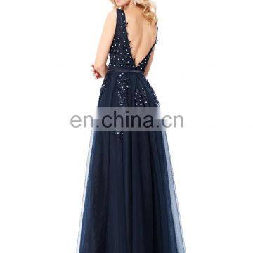 Grace Karin Elegant Deep V-Back Soft Tulle Netting Sleeveless Long Navy Blue Evening Dress 8 Size US 2~16 GK000130-1 photo-2