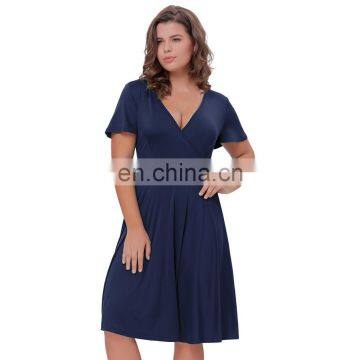 Hanna Nikole Short Sleeve V-Neck Navy Blue Plus Size Bridesmaid Swing Summer Dress HN0017-2