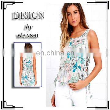 Clothing manufacturers lady blouse & top lace-up sides and printed design high-low tops for women