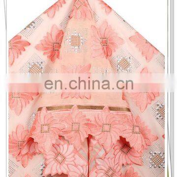 wholesales 100% african cotton embroidery lace with stone pink