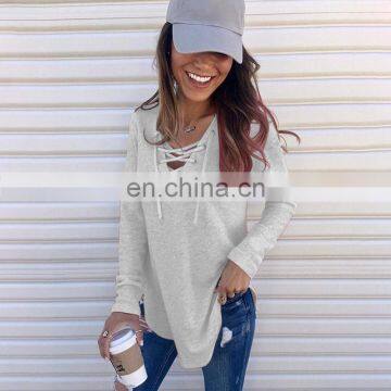 2020 New Arrival Fashion Style Long Sleeve V-neck Solid T-shirt For Women photo-6