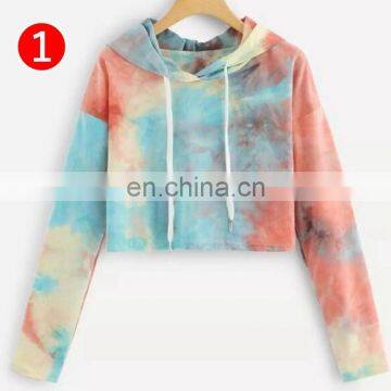 Purple Tie Dye Printing Short Hoodies Sweatshirt Women Casual Drawstring Thin Pullover Autumn Female Girl Long Sleeve Tops photo-2
