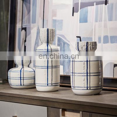 Nordic Matt Simple Handmade Patting Blue Line White Ceramic Vase for Home Decoration