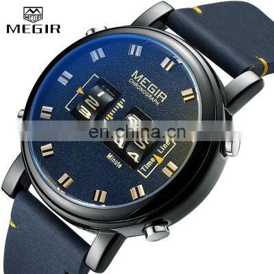 MEGIR 2137 Minimalist Watches Luxury Simple Drum Roller Quartz Mans Watches Casual Sport Waterproof Leather Watch Reloj Hombre