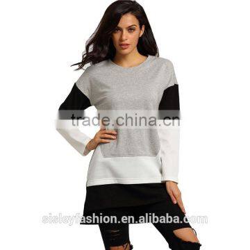 New Woman T-shirt fashion Tees 2016 Women T Shirt Brand Round Neck Color Block Dip Hem Cotton long sleeve T-Shirts TS073