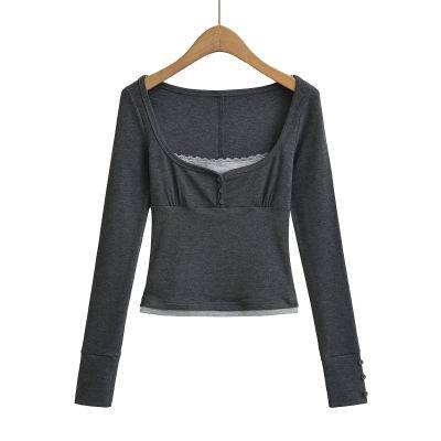 American-style Vintage Lace Trimmed Fitted and Slimming Top in Two Pieces With Long Sleeves, Made of Imitation Fabric. photo-5