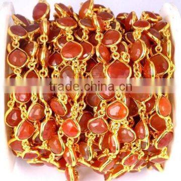 1 Feet Natural Carnelian Faceted Brass Connector Chain 24k Gold Plated 10mm Approx,Continuous Gemstone Chain