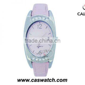 Oval case ladies diamond watch with pink pu leather strap