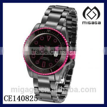 fashionable strong black ceramic quartz watches for women*Black Ceramic Diver Pink Bezel Watch