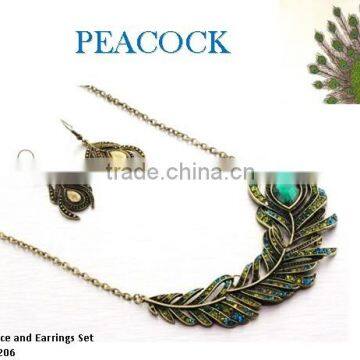 Fashion vintage metal peacock pendant neckalce with earrings jewelry set ,decorated with enamel and crystal