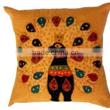 RTHCC-58 Dancing Peacock Colorful Applique Cut Patchwork Art Cotton Kantha cushion covers New Year Home Decor Christmas Gift