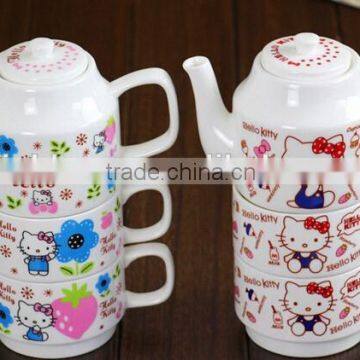 hot-selling lovely cartoon hello kitty ceramic 3-piece set ceramic stacked kettle and tea bowl mug with handle