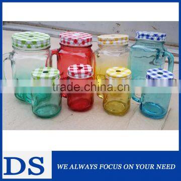 500ml colorful painted mason jar with decorative tinplate lid and straw