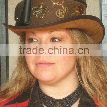 Steampunk Hat Octopus Traveller Industrial Gears Leather Top Hat with Pockets