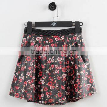 F5S43014 New Design Contrast Waistband Skater Skirt Women Floral Print Leather Skirts photo-4