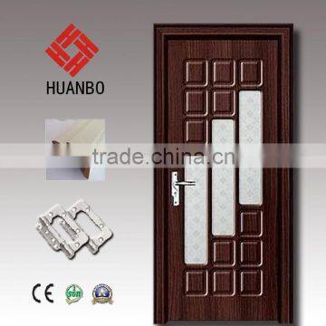 High quality mdf pvc wood simple design glass inset classic door for washroom