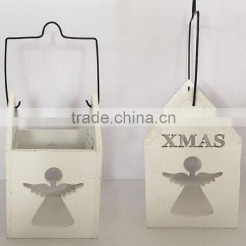 Wooden christmas candle holder decoration with metal handle xmas gifts with angel and XMAS letter