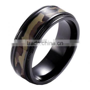 Titanium inlay with Camouflage wood Ring camo jewelry