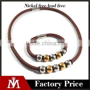 Europe Stainless Steel Two Tone Charm Cuff Bracelet Jewelry Sets Brown Leather Braided Necklace