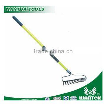 welded bow carbon steel garden rake head fork head 14T with long fiberglass handle with TPR grip with strong wires powder coated