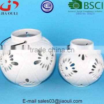 BSCI Audit Factory White Ceramic Lantern With Metal Handle, Ceramic Candleholders photo-4