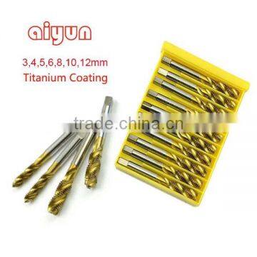 7pcs/set 3-12mm tap & die set hand tools titanium coating cutting hole HSS taps set spiral groove helical fluted