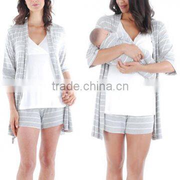 fat women Family nightwear 95% rayon / 5% spandex Gray Stripe 5-Piece Mommy & Me Nursing Set