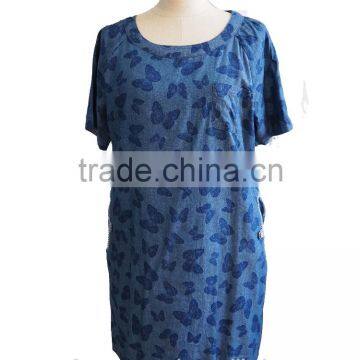 Butterfly Printed Chambray Denim short sleeve Round Collar Tunic Dress with Front and Side Pocket