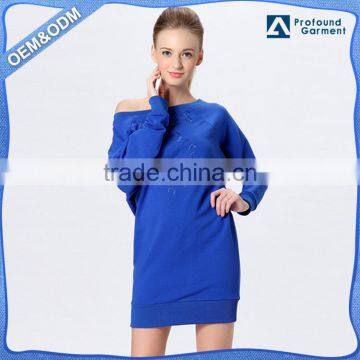 Custom nice embroidered french terry long sleeve casualone shoulder dress fashion for ladies