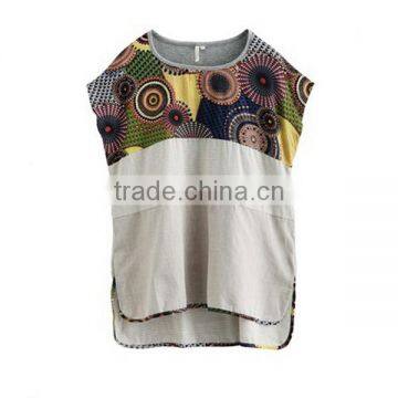 2015 Fashion Newest Design Women's Korean Vintage Style Printed Short Front and Long Back Linen Blouse With O-Neck photo-2