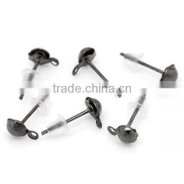 Earring Findings Ear Studs Round Gunmetal W/Stoppers&Loop 14x7mm,500 Pairs photo-3