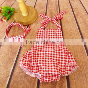 Sale red grid Romper baby red ruffle jumpsuit cheap wholesale for girls