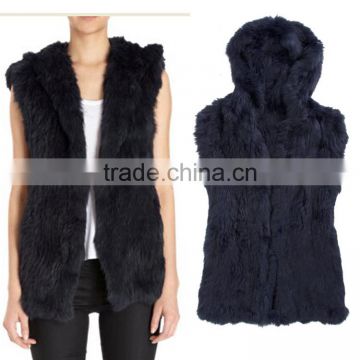 YR253 China Professional Knitting Factory Real Rabbit Fur Hand knitted Vest with Hood