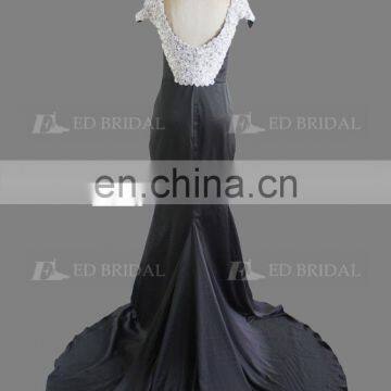 Elegant Cap Sleeve Beaded Court Train Black Long Evening Dress For Fat Women photo-3